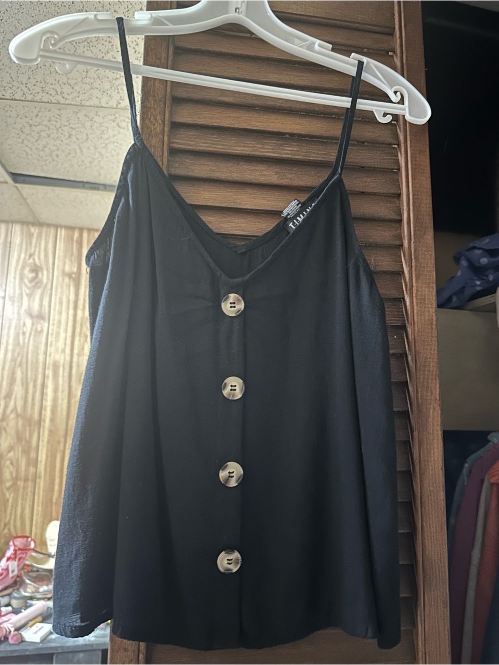 Timing Black Spaghetti Strap Button-Front Cami